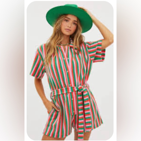 Beach Riot NWT Kids Striped Coverup Romper in Green Pink & White